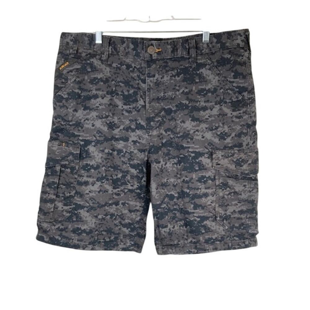 Ariat Rebar M-4 men's gray black camo cargo relaxed shorts.